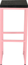 Load image into Gallery viewer, Pink metal stool with black stain ash wood made in UK - front view square frame