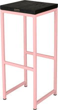 Load image into Gallery viewer, Pink metal stool with black stain ash wood made in UK - back side view square frame