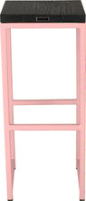 Load image into Gallery viewer, Pink metal stool with black stain ash wood made in UK - back view square frame