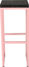 Load image into Gallery viewer, Pink metal stool with black stain ash wood made in UK - back view square frame