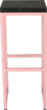Load image into Gallery viewer, Pink metal stool with black stain ash wood made in UK - back view square frame