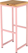 Load image into Gallery viewer, Pink metal stool with natural stain ash wood made in UK - back side view square frame