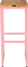 Load image into Gallery viewer, Pink metal stool with natural stain ash wood made in UK - back view square frame