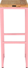 Load image into Gallery viewer, Pink metal stool with natural stain ash wood made in UK - back view square frame