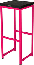 Load image into Gallery viewer, Hot pink metal stool with black stain ash wood made in UK - back side view square frame