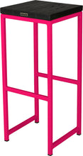 Load image into Gallery viewer, Hot pink metal stool with black stain ash wood made in UK - back side view square frame