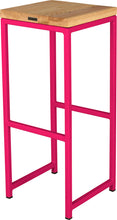 Load image into Gallery viewer, Hot pink metal stool with natural stain ash wood made in UK - back side view square frame