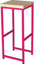Load image into Gallery viewer, Hot pink metal stool with whitewash stain ash wood made in UK - angle view square frame