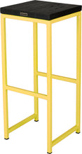 Load image into Gallery viewer, Yellow metal stool with black stain ash wood made in UK - back side view square frame