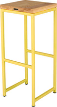 Load image into Gallery viewer, Yellow metal stool with natural stain ash wood made in UK - back side view square frame