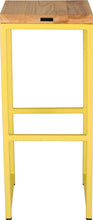 Load image into Gallery viewer, Yellow metal stool with natural stain ash wood made in UK - back view square frame