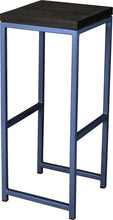 Load image into Gallery viewer, Blue metal stool with black stain ash wood made in UK - angle view square frame