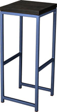 Load image into Gallery viewer, Blue metal stool with black stain ash wood made in UK - angle view square frame