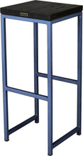 Load image into Gallery viewer, Blue metal stool with black stain ash wood made in UK - back side view square frame