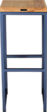 Load image into Gallery viewer, Blue metal stool with natural stain ash wood made in UK - back view square frame