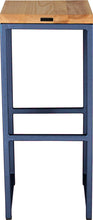 Load image into Gallery viewer, Blue metal stool with natural stain ash wood made in UK - back view square frame