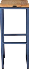 Load image into Gallery viewer, Blue metal stool with natural stain ash wood made in UK - back view square frame