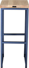 Load image into Gallery viewer, Blue metal stool with whitewash stain ash wood made in UK - back view square frame