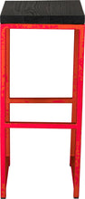 Load image into Gallery viewer, Red metal stool with black stain ash wood made in UK - front view square frame