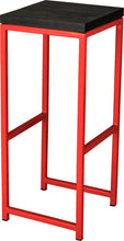 Load image into Gallery viewer, Red metal stool with black stain ash wood made in UK - angle view square frame