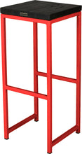 Load image into Gallery viewer, Red metal stool with black stain ash wood made in UK - back side view square frame