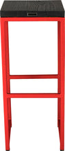 Load image into Gallery viewer, Red metal stool with black stain ash wood made in UK - back view square frame