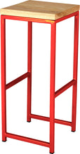 Load image into Gallery viewer, Red metal stool with natural stain ash wood made in UK - angle view square frame