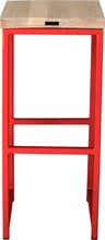 Load image into Gallery viewer, Red metal stool with whitewash stain ash wood made in UK - back view square frame