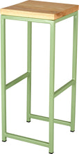 Load image into Gallery viewer, Sage green metal stool with natural stain ash wood made in UK - angle view square frame