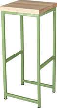 Load image into Gallery viewer, Sage green metal stool with whitewash stain ash wood made in UK - angle view square frame