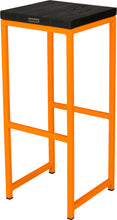 Load image into Gallery viewer, Orange metal stool with black stain ash wood made in UK - back side view square frame