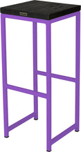 Load image into Gallery viewer, Purple metal stool with black stain ash wood made in UK - back side view square frame