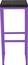 Load image into Gallery viewer, Purple metal stool with black stain ash wood made in UK - back view square frame