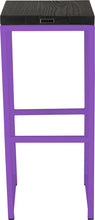Load image into Gallery viewer, Purple metal stool with black stain ash wood made in UK - back view square frame
