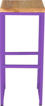 Load image into Gallery viewer, Purple metal stool with natural stain ash wood made in UK - front view square frame