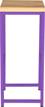 Load image into Gallery viewer, Purple metal stool with natural stain ash wood made in UK - side view square frame