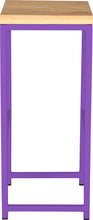 Load image into Gallery viewer, Purple metal stool with natural stain ash wood made in UK - side view square frame