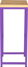 Load image into Gallery viewer, Purple metal stool with natural stain ash wood made in UK - side view square frame