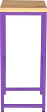 Load image into Gallery viewer, Purple metal stool with natural stain ash wood made in UK - side view square frame