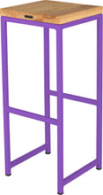 Load image into Gallery viewer, Purple metal stool with natural stain ash wood made in UK - back side view square frame