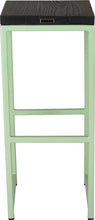 Load image into Gallery viewer, Mint green metal stool with black stain ash wood made in UK - back view square frame