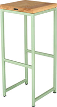 Load image into Gallery viewer, Mint green metal stool with natural stain ash wood made in UK - back side view square frame