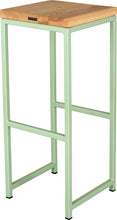 Load image into Gallery viewer, Mint green metal stool with natural stain ash wood made in UK - back side view square frame
