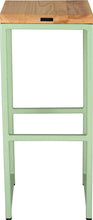 Load image into Gallery viewer, Mint green metal stool with natural stain ash wood made in UK - back view square frame