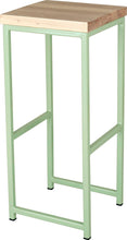 Load image into Gallery viewer, Mint green metal stool with whitewash stain ash wood made in UK - angle view square frame
