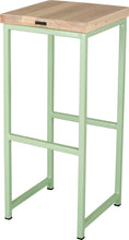 Load image into Gallery viewer, Mint green metal stool with whitewash stain ash wood made in UK - back side view square frame
