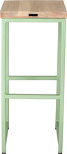 Load image into Gallery viewer, Mint green metal stool with whitewash stain ash wood made in UK - back view square frame
