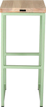 Load image into Gallery viewer, Mint green metal stool with whitewash stain ash wood made in UK - back view square frame
