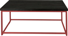 Load image into Gallery viewer, Crimson red metal table with black stain ash wood made in UK - front view round frame