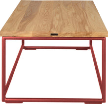 Load image into Gallery viewer, Crimson red metal table with natural stain ash wood made in UK - side view round frame